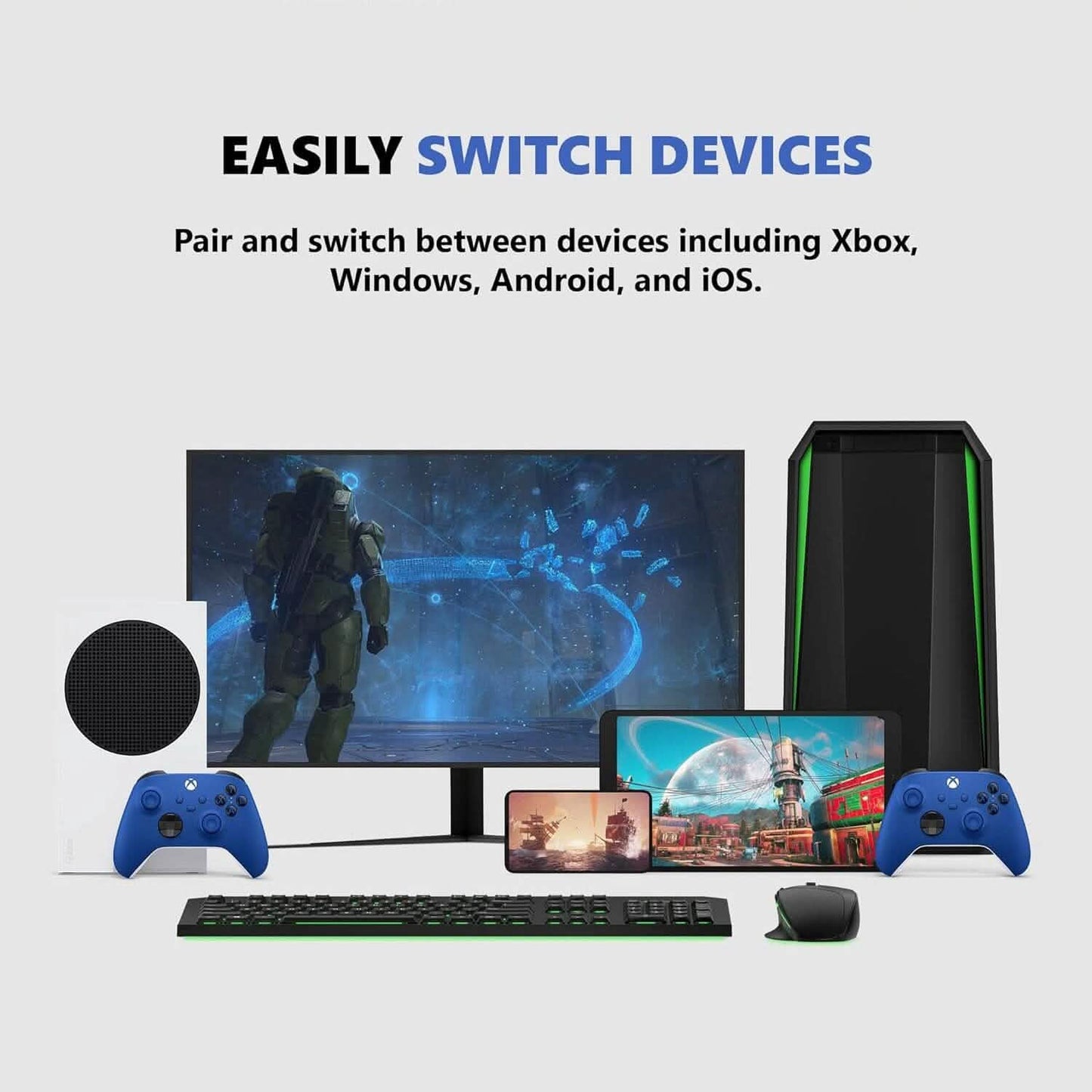 Blue Xbox wireless controllers shown with thumbsticks and face buttons