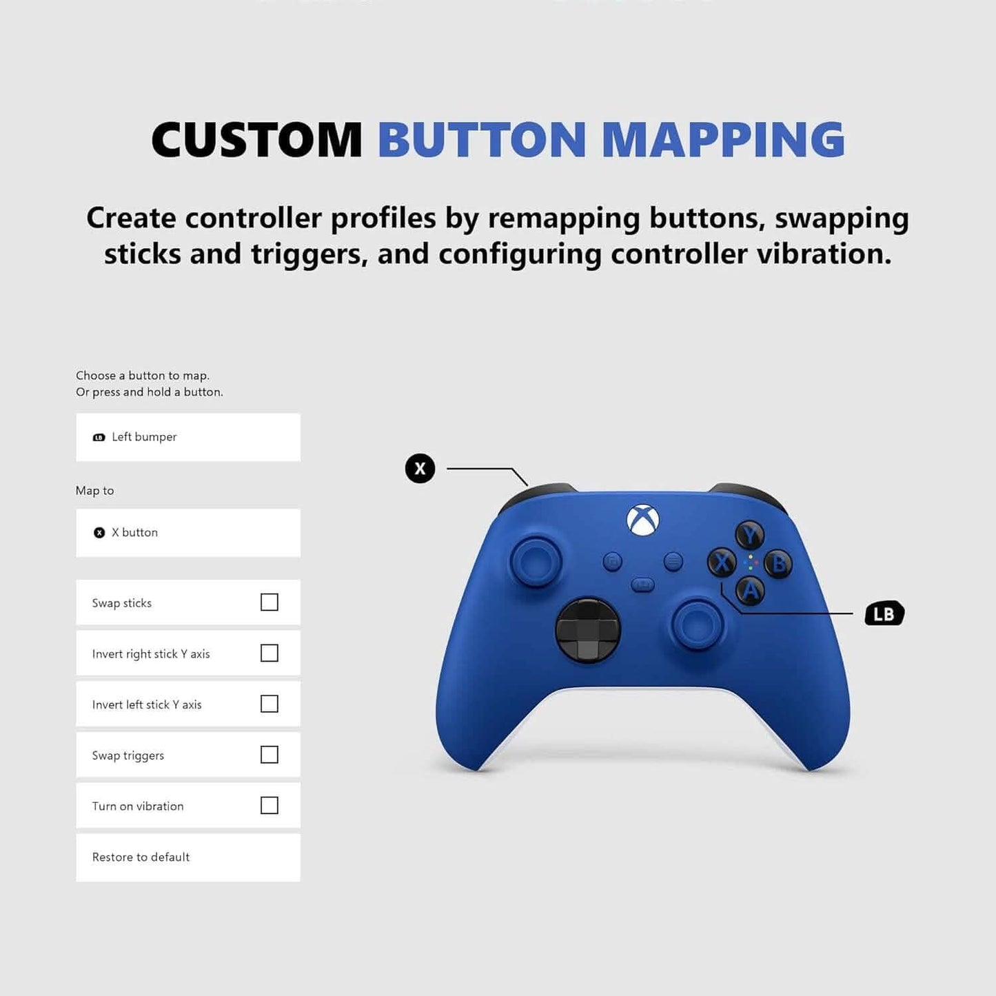 Blue Xbox wireless gaming controller front view with thumbsticks, D-pad, and buttons
