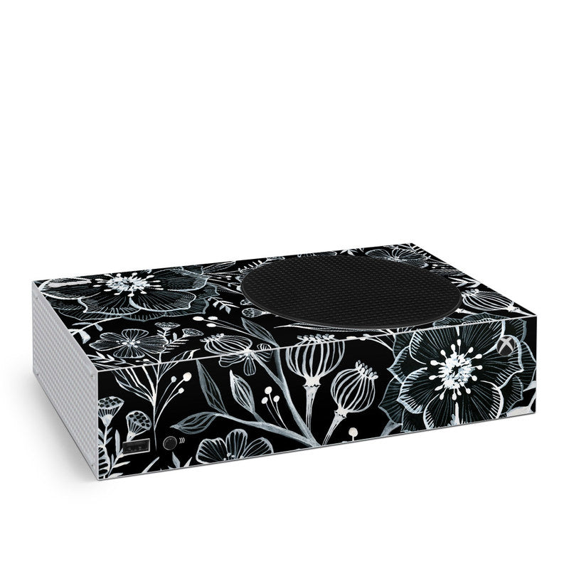 Botanika Xbox Series S skin with black floral pattern and white line art on box
