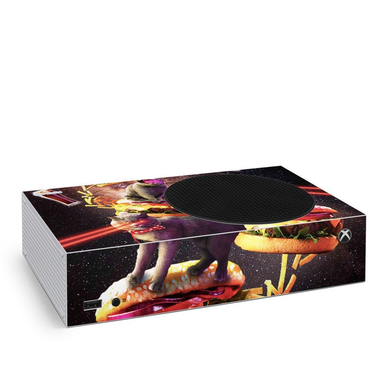 Xbox Series S console skin with colorful burger cat artwork and circular top cover