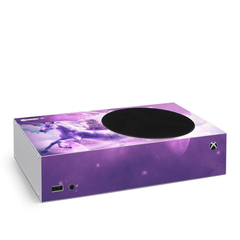 Xbox Series S console skin with purple unicorn-and-cat artwork, top vent cutout