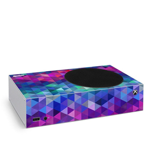 Xbox Series S console skin with purple, blue and teal geometric squares; cutout for fan vent.