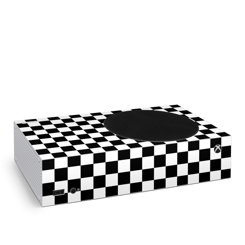 Xbox Series S skin with black-and-white checkered design and oval controller cutout