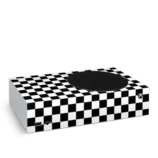 Xbox Series S skin with black-and-white checkered design and oval controller cutout
