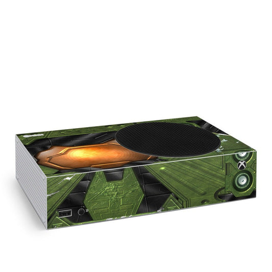 Xbox Series S skin in green tactical design on a retail box package