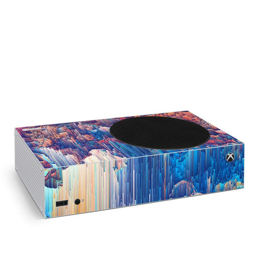 Xbox Series S console skin with blue cloud glitch print and black top vent circle