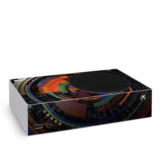 Xbox Series S skin with colorful circular color-wheel graphic and black controller logo