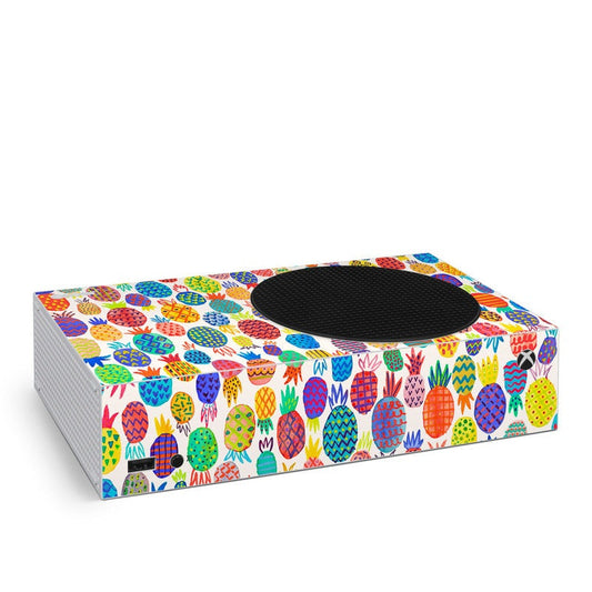 Xbox Series S skin with colorful pineapple pattern and cutout for vent