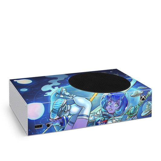 Xbox Series S skin with blue sci-fi character and astronaut graphic, rectangular box design