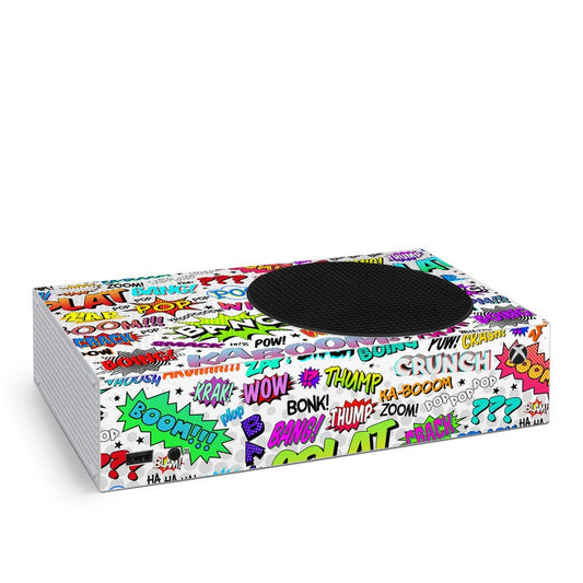 Comic-style Xbox Series S console skin with colorful speech-bubble graphics