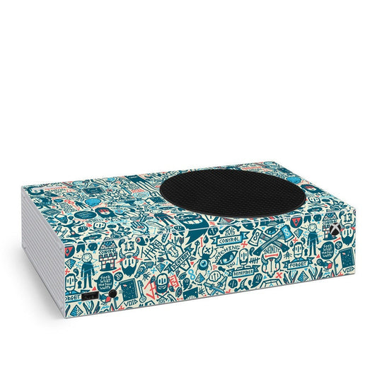 Xbox Series S skin with teal game-pattern design and circular cutout