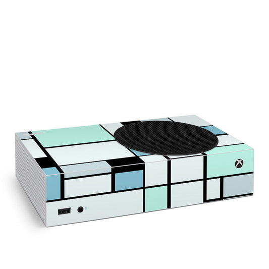 Xbox Series S skin with geometric mint, white, and black grid design over console