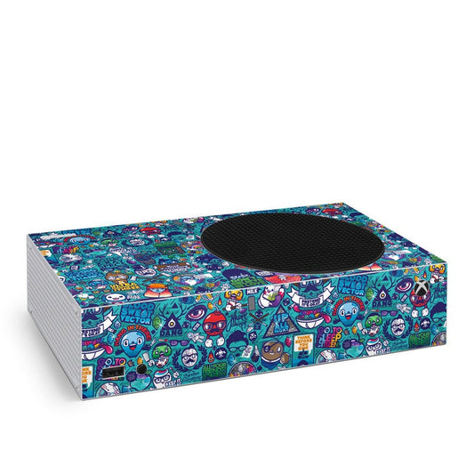 Xbox Series S skin with colorful cartoon art and oval controller cutout