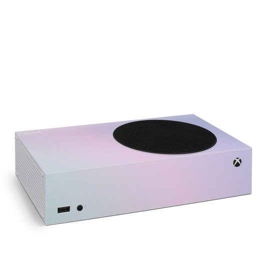Pastel pink Xbox Series S skin with cotton-candy gradient over front ports