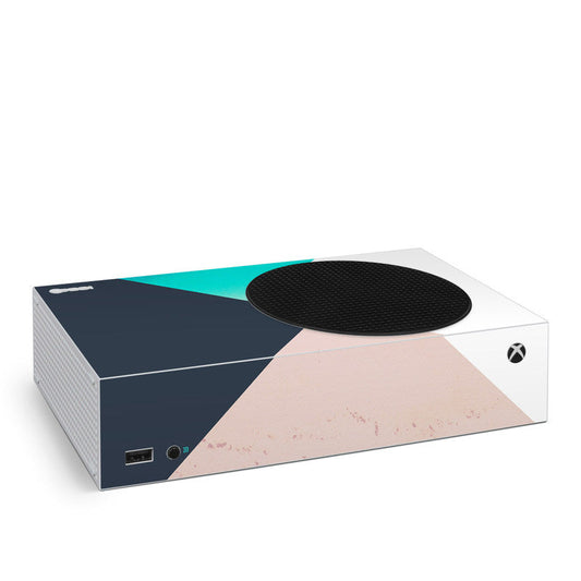 Xbox Series S skin with teal, dark blue, and light pink abstract graphic