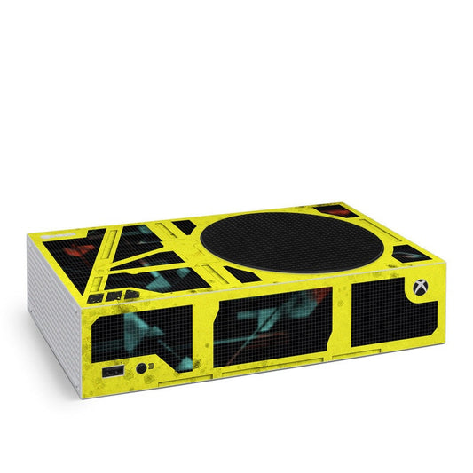Xbox Series S console skin with yellow and black futuristic geometric pattern