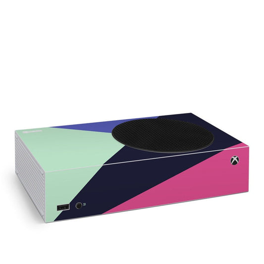 Xbox Series S skin with geometric mint, navy, and pink panels and Xbox logo