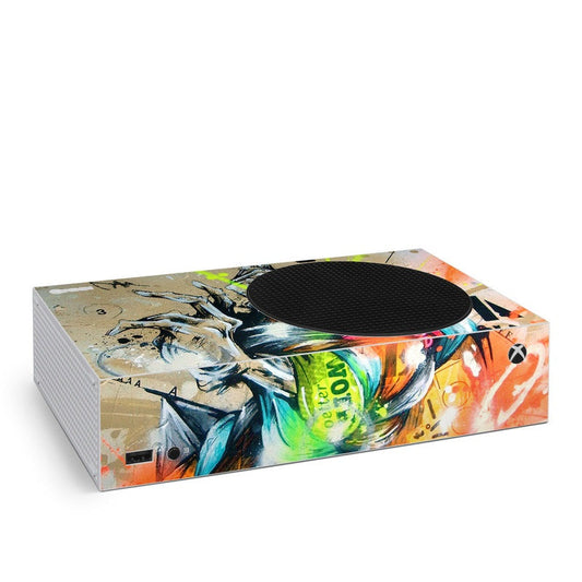 Xbox Series S skin with colorful graffiti-style artwork and circular top cutout