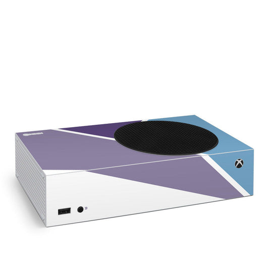 Xbox Series S skin with purple and blue panels, black circular top area