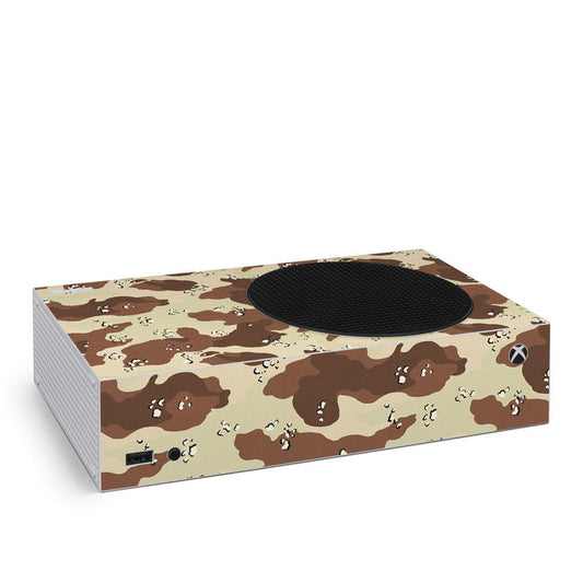Xbox Series S skin decal with desert camouflage pattern and circular vent cutout.