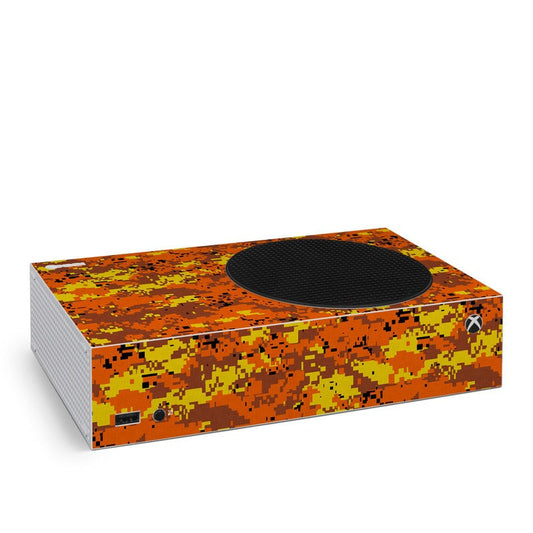 Xbox Series S skin with digital orange camo pattern and round top port cutout