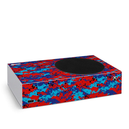 Xbox Series S skin with red and blue pixel camo design and oval top cutout
