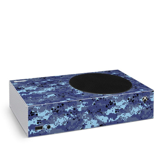Xbox Series S skin with blue digital sky camo, circular texture cutout and side ports