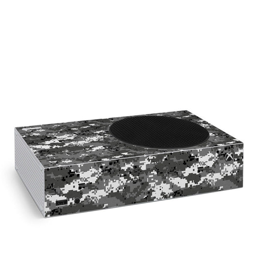 Xbox Series S skin with digital urban camo pattern and circular top cutout