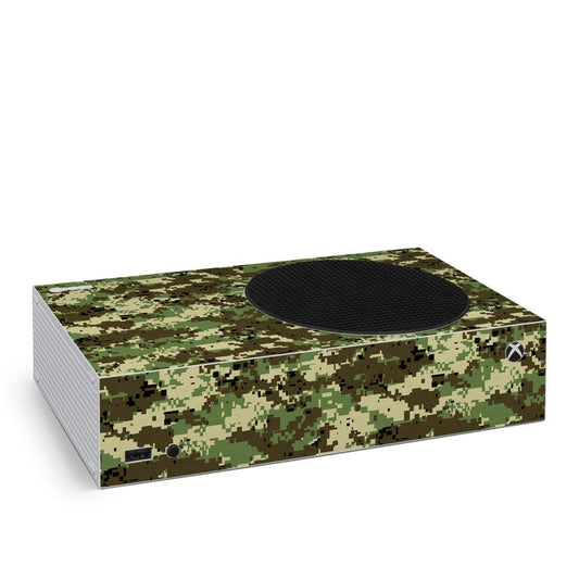 Microsoft Xbox Series S skin with digital woodland camo, circular vent cutout and Xbox logo