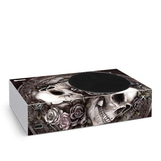 Xbox Series S skin with skull and roses graphic, includes front panel cutout