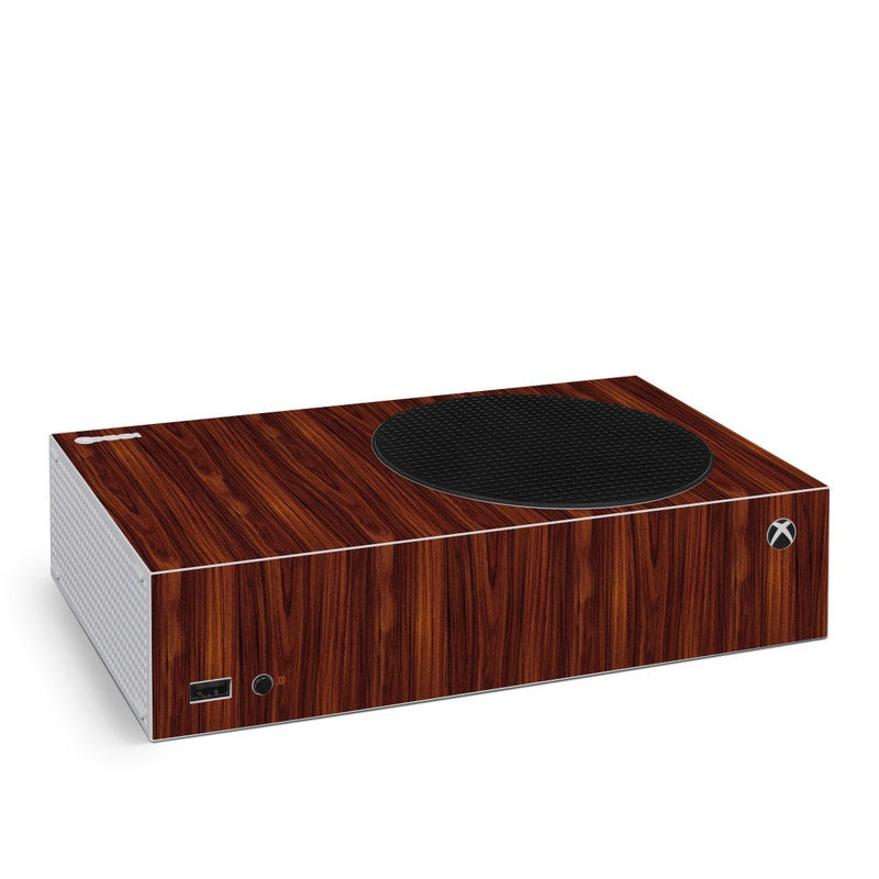 Dark rosewood Xbox Series S console skin with woodgrain, vent circle, Xbox logo