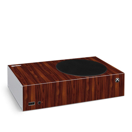 Dark rosewood Xbox Series S console skin with woodgrain, vent circle, Xbox logo