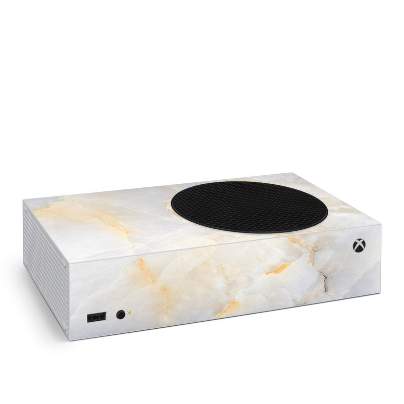Xbox Series S skin with white-and-gold marble pattern and black top vent cover