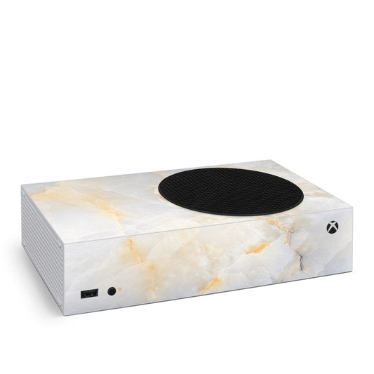 Xbox Series S skin with white-and-gold marble pattern and black top vent cover