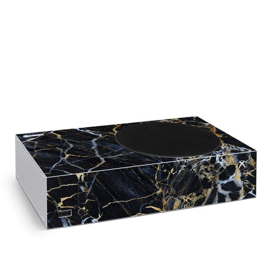 Xbox Series S skin with dark marble pattern and gold veining, oval cutout