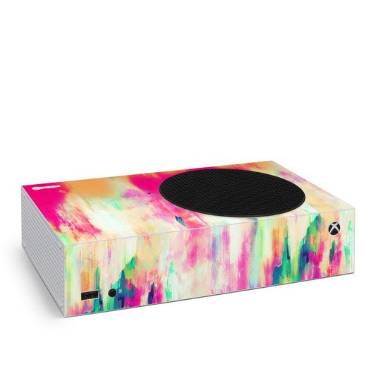 Xbox Series S skin with colorful tie-dye spray and black oval vent cutout