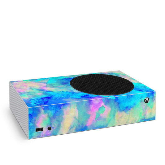 Xbox Series S skin with ice blue abstract watercolor print and black vent cutout