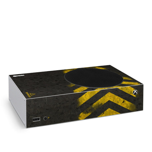 Xbox Series S skin with black base and yellow geometric hazard pattern and Xbox logo