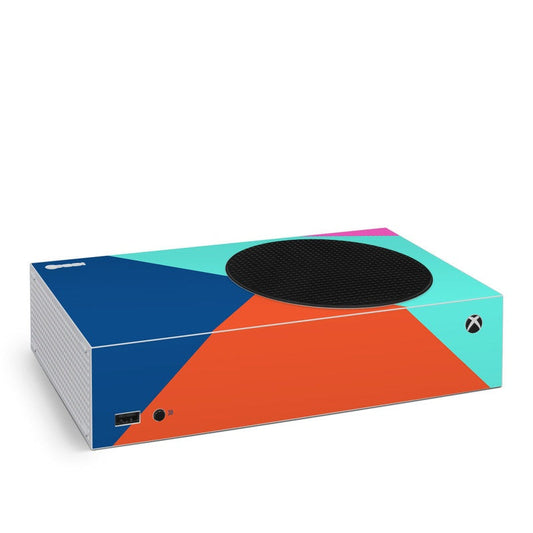 Xbox Series S skin with geometric orange, teal, and navy design and black vent cutout