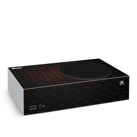 Xbox Series S skin with red heartbeat hex pattern, front ports and logo visible