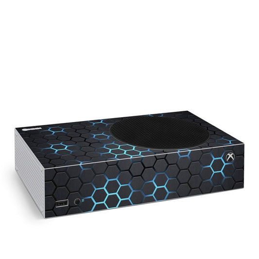 Xbox Series S console skin with dark hex pattern and blue glowing lines, full cover decal.