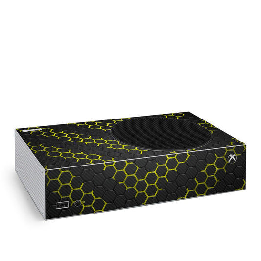 EXO Wasp Xbox Series S skin, black hex pattern with neon yellow accents and Xbox emblem
