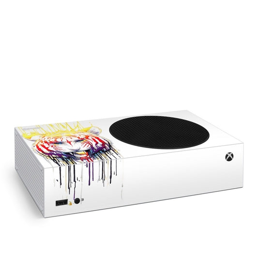 Xbox Series S skin with colorful tiger graphic on a white console body