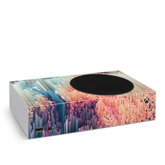 Xbox Series S console skin with colorful vertical bar artwork and black top disc cutout