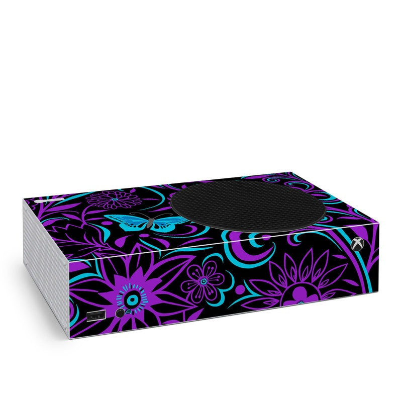 Xbox Series S skin with purple and blue floral graphics, including console cutout area