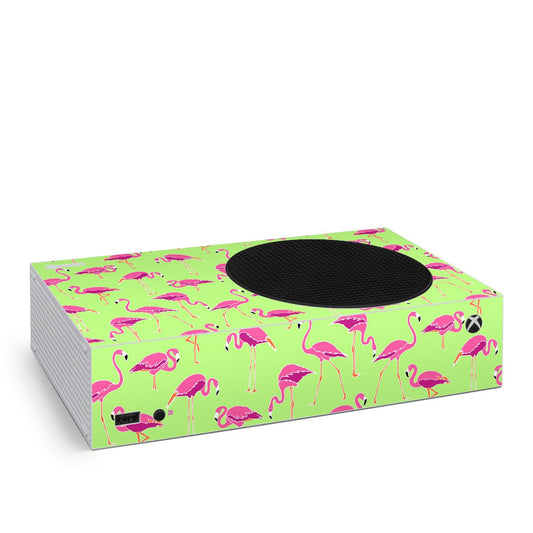 Xbox Series S skin with neon green flamingo pattern and speaker cutout