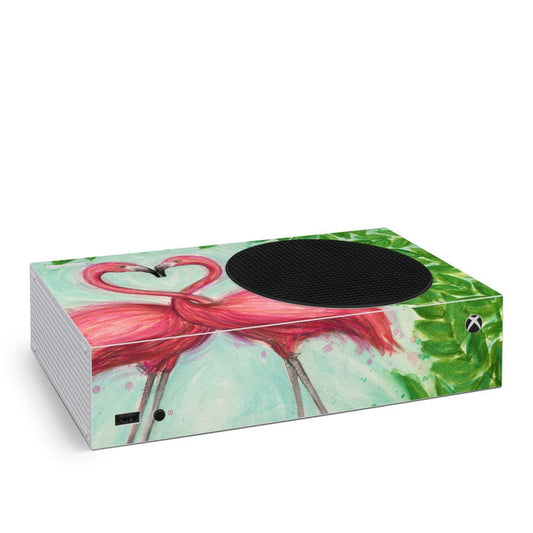 Xbox Series S skin graphic with flamingo heart and green accents on retail box
