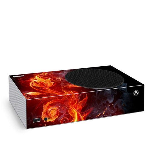 Xbox Series S console skin with red and orange flame artwork and circular vent cover