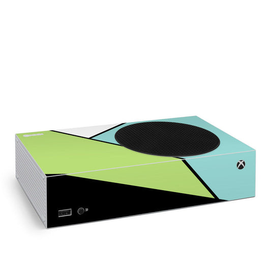 Xbox Series S skin with green and teal geometric panels and black speaker-circle