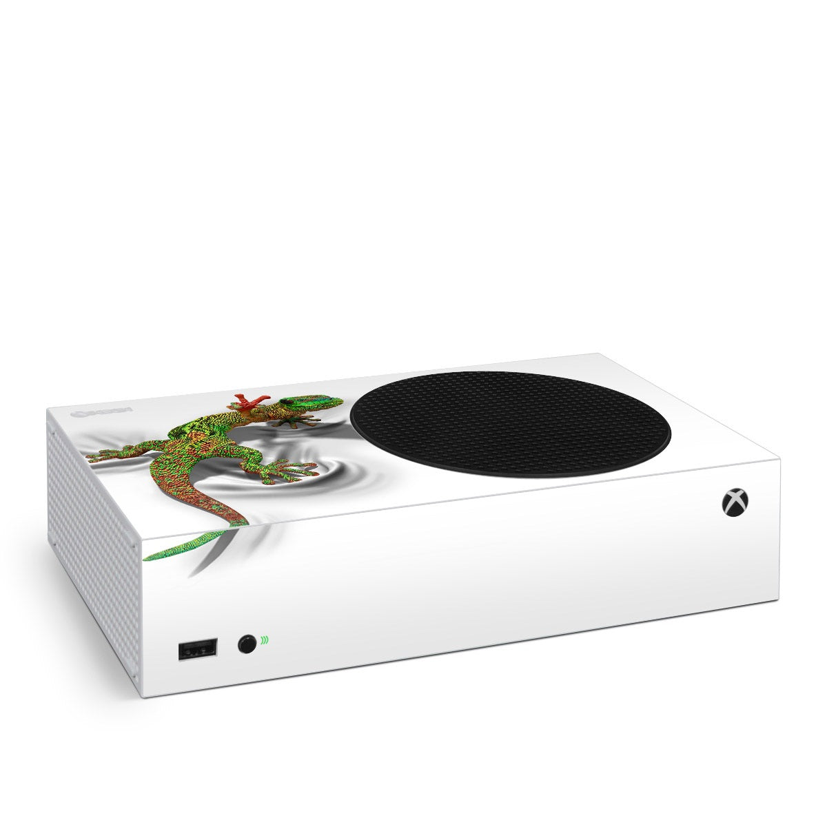 Xbox Series S console skin with green gecko graphic and black top circle